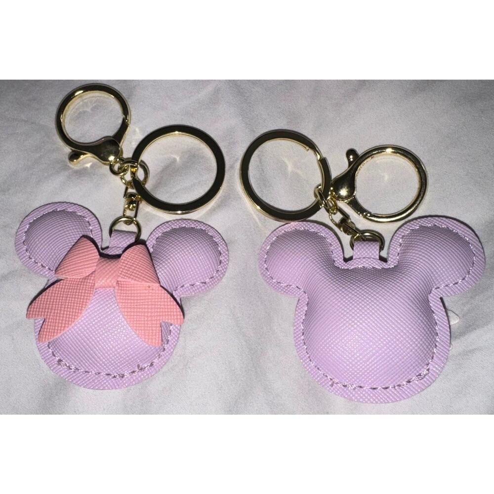 2 Minnie Mouse Inspired Bow Keychain Set Purple Pink Faux Leather Bag Charm